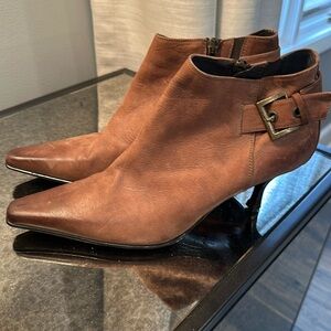 Donald J. Pliner Loni Tan Distressed Leather Ankle Buckle SquareToe Heel Booties